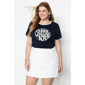 Trendyol Curve Navy Blue Printed Crop Knitted T-shirt obraz