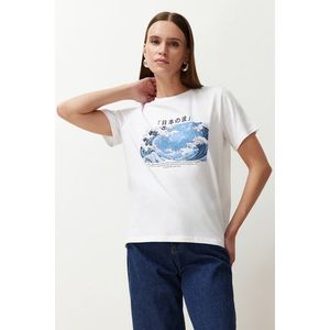 Trendyol White 100% Cotton Ocean Print Regular Cut Knitted T-Shirt obraz