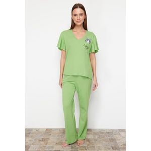 Trendyol Green Cotton Cat Printed Sleeve Flywheel Detailed Knitted Pajamas Set obraz