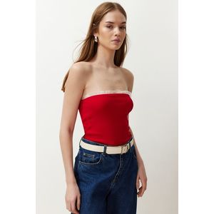 Trendyol Red Ribbed Strapless Collar Woven Garnish Fitted Cotton Crop Knitted Blouse obraz