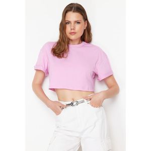 Trendyol Pink 100% Cotton Cut Detail Relaxed Cut Crop Knitted T-Shirt obraz