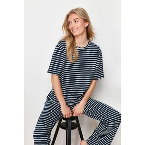 Trendyol Navy Blue-White Cotton Striped Ribbed Knitted Pajamas Set obraz