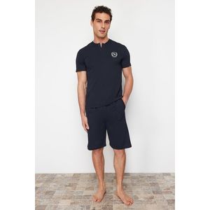 Trendyol Navy Blue Buttoned Collar Regular Fit Pajamas Set with Knitted Shorts obraz