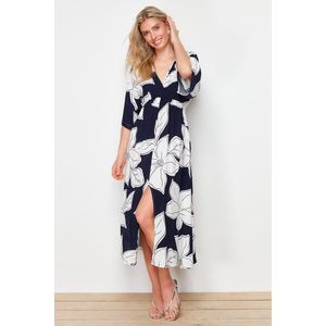 Trendyol Navy Blue Floral Print A-line Double-breasted Collar Midi Woven Dress obraz