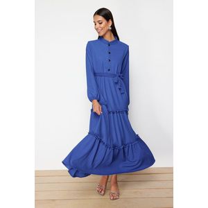 Trendyol Sax Button Detailed Belted Knitted Wrap Dress obraz