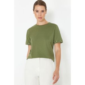 Trendyol Khaki 100% Cotton Stone Accessory Detailed Regular/Normal Pattern Knitted T-Shirt obraz