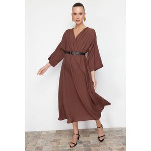 Trendyol Brown Belted A-line Double Breasted Collar Aerobin Midi Woven Dress obraz