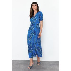 Trendyol Blue Floral Print Double-breasted Viscose Midi Woven Dress obraz