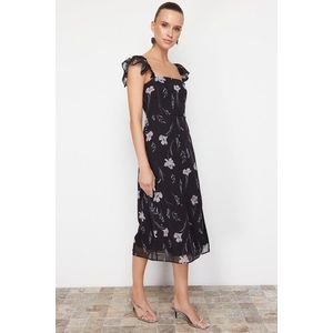Trendyol Black Floral A-Line Sleeves Flounce Midi Woven Dress obraz