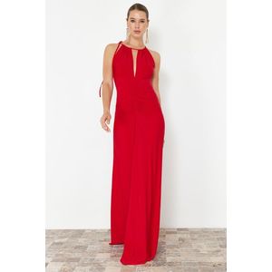 Trendyol Limited Edition Red A-Cut Window/Cut Out Detailed Evening Long Evening Dress obraz