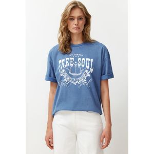Trendyol Blue 100% Cotton Antique/Pale Effect Oversize/Wide Fit Printed Knitted T-Shirt obraz