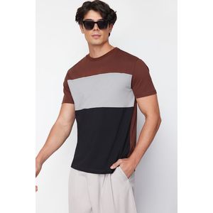 Trendyol Brown Regular Cut Color Blocked 100% Cotton T-Shirt obraz