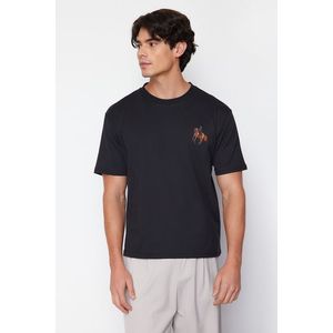 Trendyol Black Relaxed/Comfortable Fit Horse/Animal Embroidered Short Sleeve 100% Cotton T-Shirt obraz