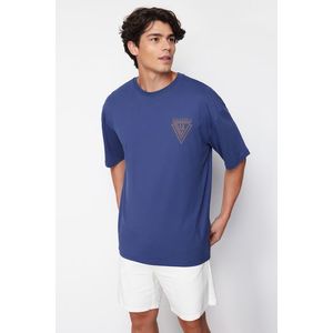 Trendyol Navy Blue Oversize/Wide Cut Crew Neck City Printed 100% Cotton T-Shirt obraz