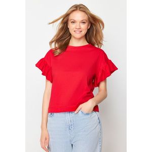 Trendyol Red 100% Cotton Ruffle Detail Basic Crew Neck Knitted T-Shirt obraz