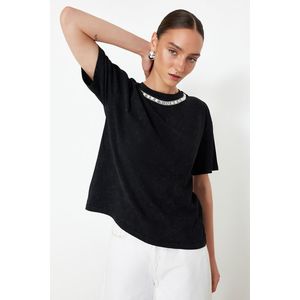 Trendyol Black 100% Cotton Stone Embroidered Distressed/Pale Effect Relaxed/Comfortable Fit Knitted T-Shirt obraz