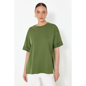 Trendyol Khaki 100% Cotton Double Sleeve Asymmetrical Boyfriend Knitted T-Shirt obraz