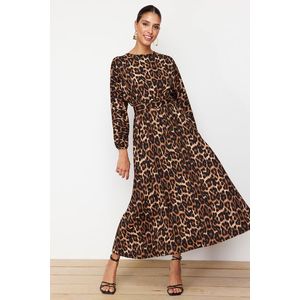 Trendyol Brown Leopard Patterned Belt Detailed Crinkle Woven Dress obraz