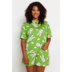Trendyol Curve Green Rabbit Printed Cotton Knitted Pajamas Set obraz
