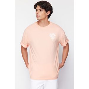 Trendyol Dusty Rose Oversize/Wide Cut Crew Neck City Printed 100% Cotton T-Shirt obraz