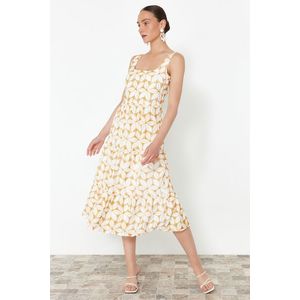 Trendyol Yellow Waist Midi Woven Floral Embroidery Dress obraz