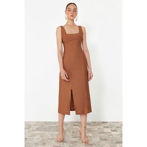 Trendyol Brown A-line Square Collar Slit Strap Midi Woven Dress obraz