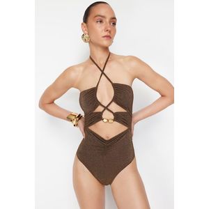 Trendyol X Zeynep Tosun Brown Knitted Cut Out/Window Accessory Detailed Shiny Swimsuit obraz