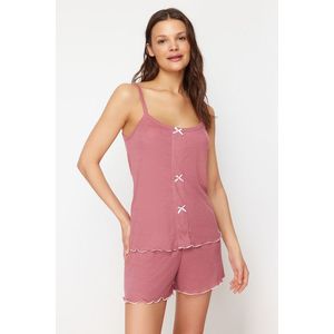 Trendyol Corded Knitted Pajama Set with Dusty Rose Ribbon Detail and Rope Strap obraz