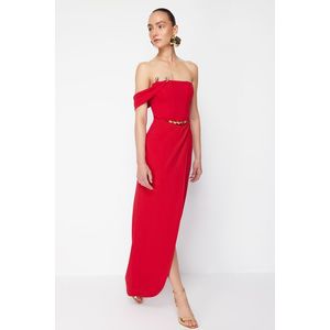 Trendyol X Zeynep Tosun Red Wrap Knitted Long Evening Dress & Graduation Dress with Accessory Detail obraz