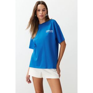 Trendyol Saxe 100% Cotton Back and Front Motto Printed Oversize/Wide Cut Knitted T-Shirt obraz