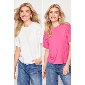 Trendyol White-Pink 2 Pack Viscose Short Sleeve Crew Neck Knitted T-Shirt obraz