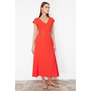 Trendyol Red Belted Midi Crepe Woven Dress with Skirt Opening at the Waist obraz