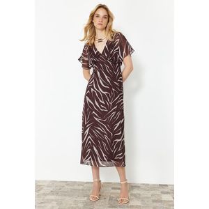 Trendyol Dark Brown Abstract Patterned A-line Chiffon Maxi Woven Dress obraz