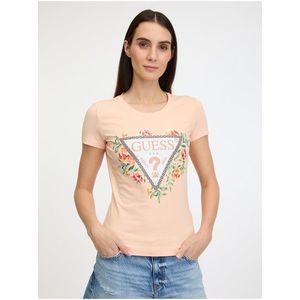 Meruňkové dámské tričko Guess Triangle Flowers - Dámské obraz