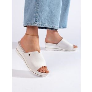 Shelvt White comfortable women's wedge flip-flops obraz