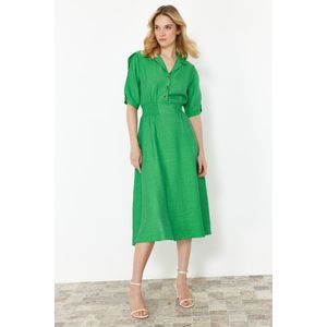 Trendyol Green A-line Shirt Collar Guiped Midi Woven Dress obraz