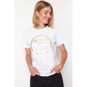 Trendyol White 100% Cotton Foil/Glossy Printed Regular/Normal Pattern Knitted T-Shirt obraz