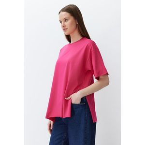 Trendyol Pink 100% Cotton Double Sleeve Asymmetrical Boyfriend Knitted T-Shirt obraz