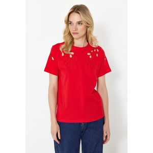 Trendyol Red Brode Embroidered Basic/Regular Pattern Knitted T-Shirt obraz