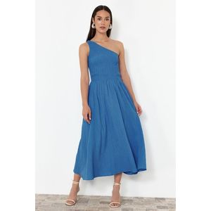 Trendyol Saks One-Shoulder Midi Woven Dress with Waist and Gimped Top obraz