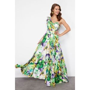 Trendyol Green-Multicolored Floral Single Sleeve Long Evening Dress obraz