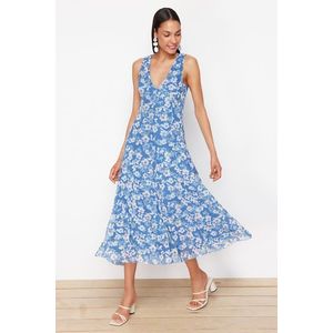 Trendyol Blue Floral Printed V-Neck Knitted Dress obraz