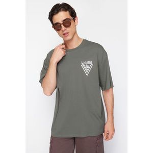 Trendyol Khaki Oversize/Wide Cut Crew Neck City Printed 100% Cotton T-Shirt obraz