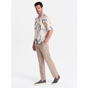 Ombre Men's linen blend rolled up chino pants - light brown obraz