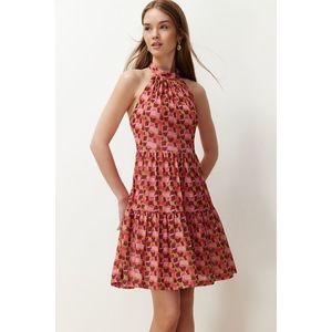 Trendyol Multicolored Special Textured Abstract Printed Stretchy Knitted Mini Dress with Ruffles Skirt obraz