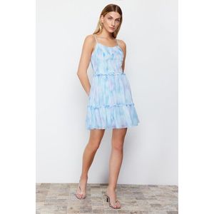 Trendyol Blue Patterned Waist Opening V-neck Mini Lined Chiffon Woven Dress obraz