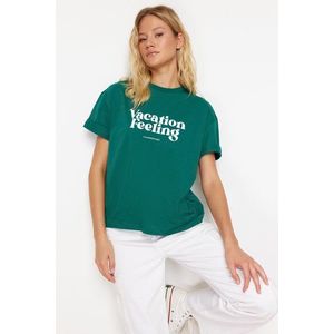 Trendyol Emerald Green Printed Premium 100% Cotton Relaxed/Comfortable Fit Knitted T-Shirt obraz