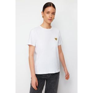 Trendyol White 100% Cotton Leaf/Glossy Heart Embroidery Regular/Normal Fit Knitted T-Shirt obraz