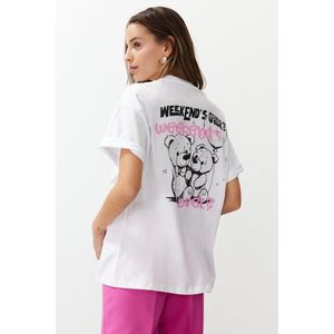 Trendyol White 100% Cotton Slogan Printed Oversize/Wide Fit Short Sleeve Knitted T-Shirt obraz