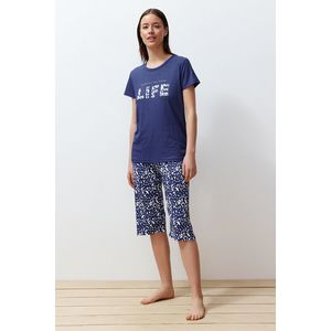 Trendyol Blue Motto Printed Ribbed Capri Knitted Pajamas Set obraz